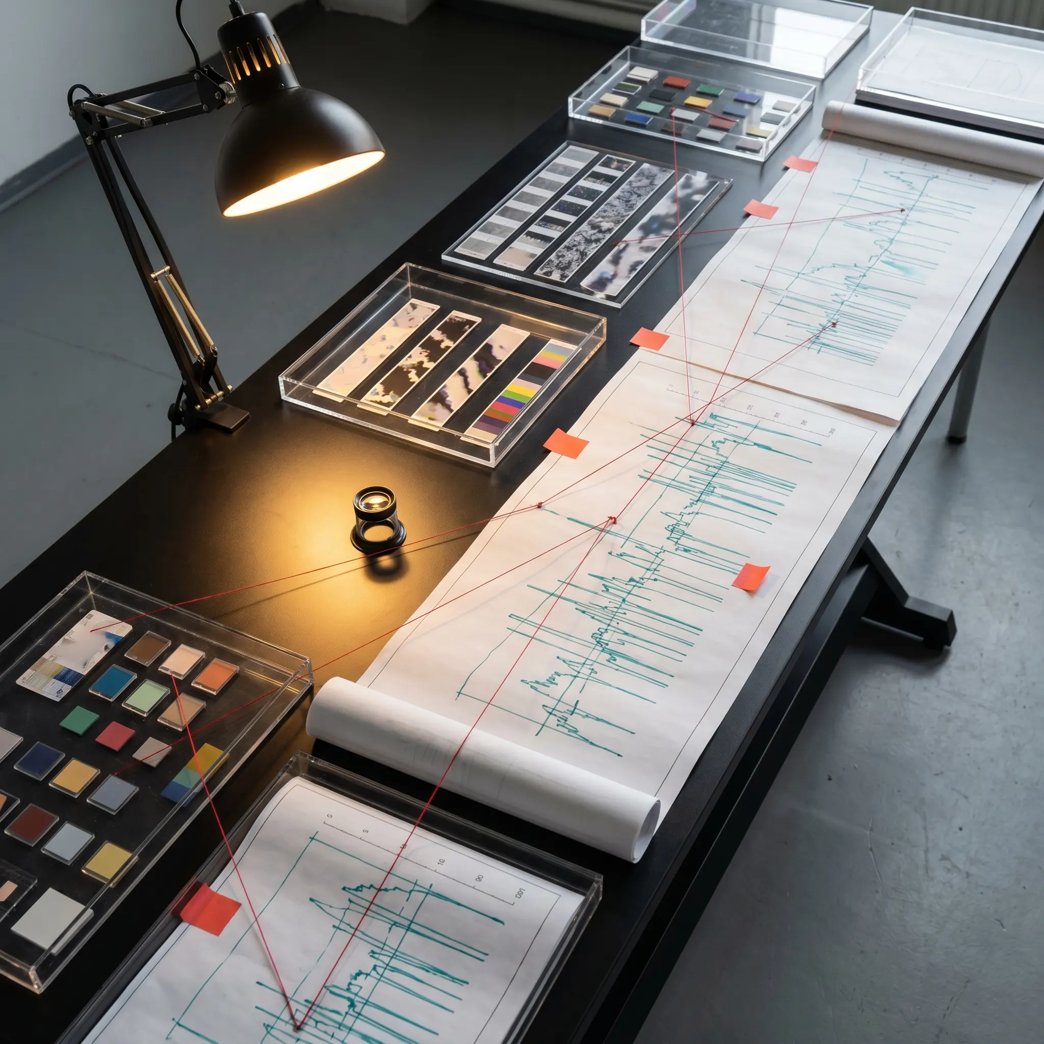 AI evidence room with transparent trays, dataset strips, and model trace maps