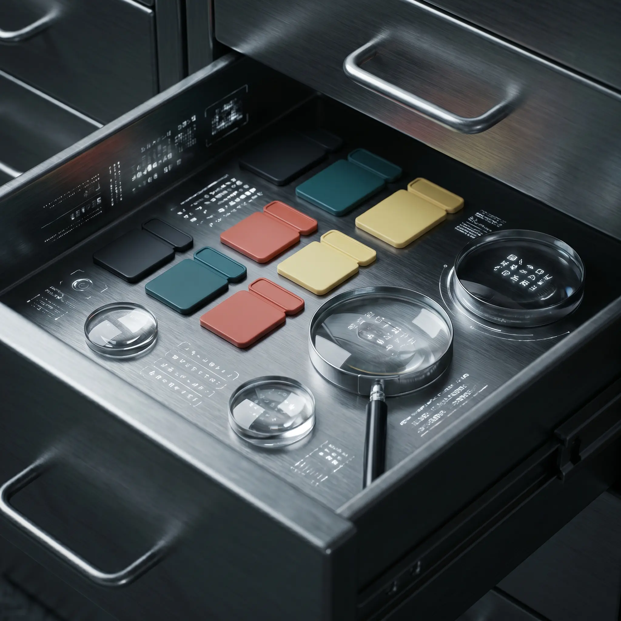 Steel evidence drawer with colored tabs and abstract data symbols